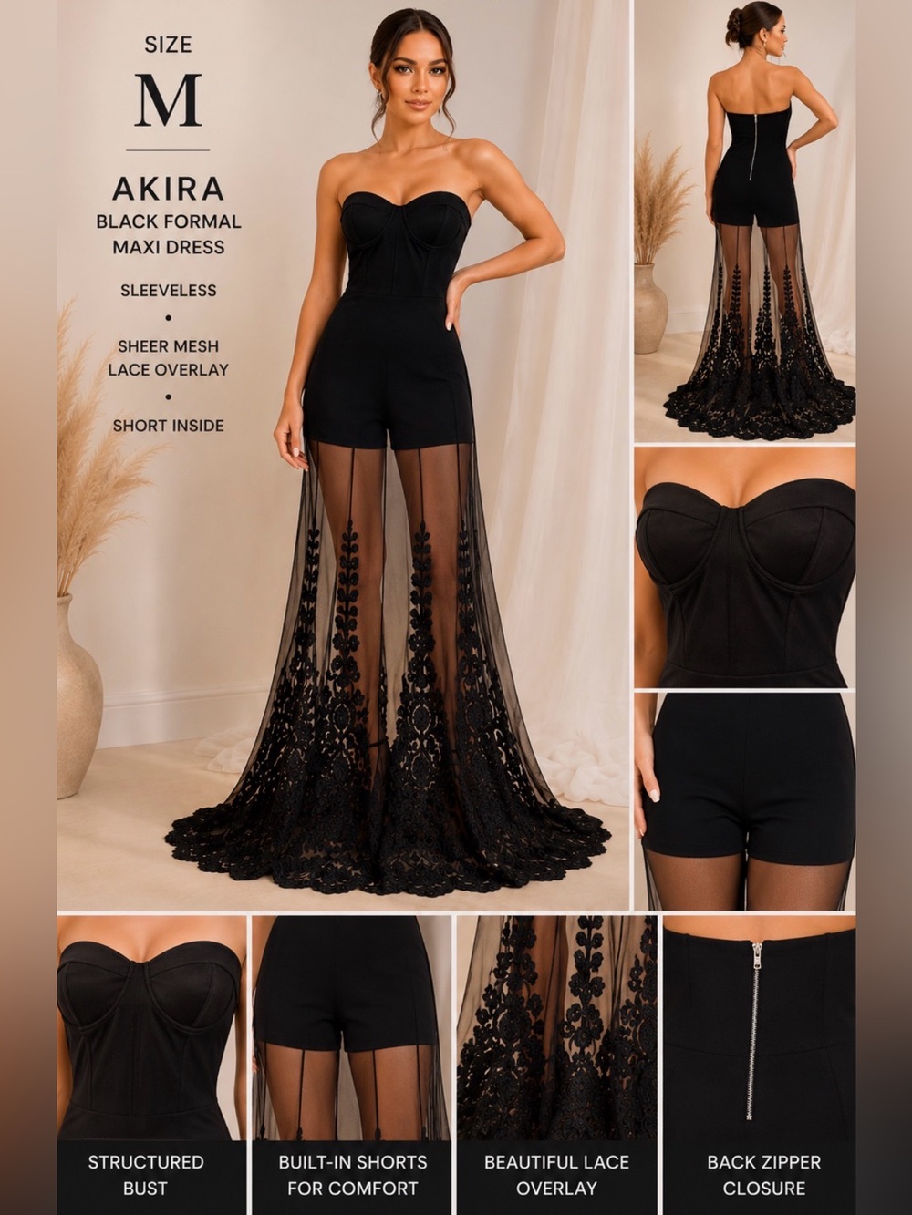 Women's Akira Black Mesh Maxi Dress Size M Sleeveless Sheer Lace Overlay Formal